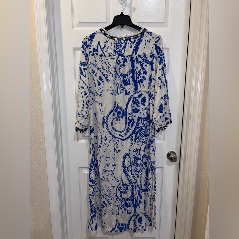 Soft Surroundings Creacendo Kaftan Mandi Dress in blue and white. Sz L - Picture 9 of 13